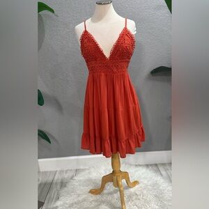 Spaghetti-Strap Red Crochet Bodice Mini Dress